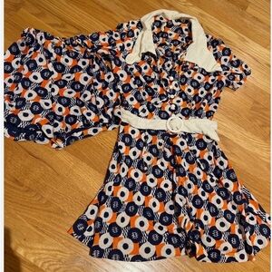 Vintage retro 1960s Navy and Orange Patterned Dress with shorts girls size 9